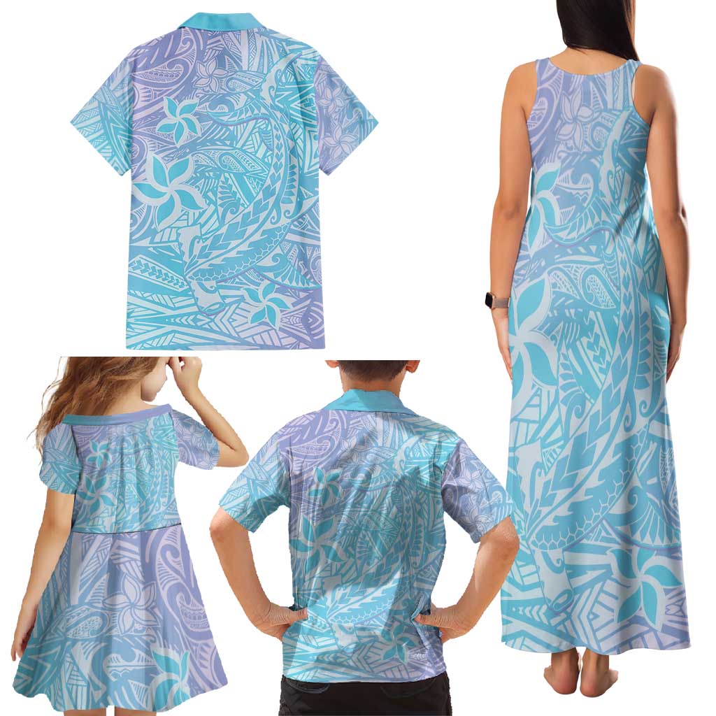 Baby Blue Gradient Polynesia Family Matching Tank Maxi Dress and Hawaiian Shirt Hawaiian Tribal Hammerhead Shark Tattoo