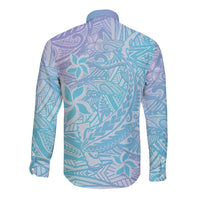 Baby Blue Gradient Polynesia Long Sleeve Button Shirt Hawaiian Tribal Hammerhead Shark Tattoo