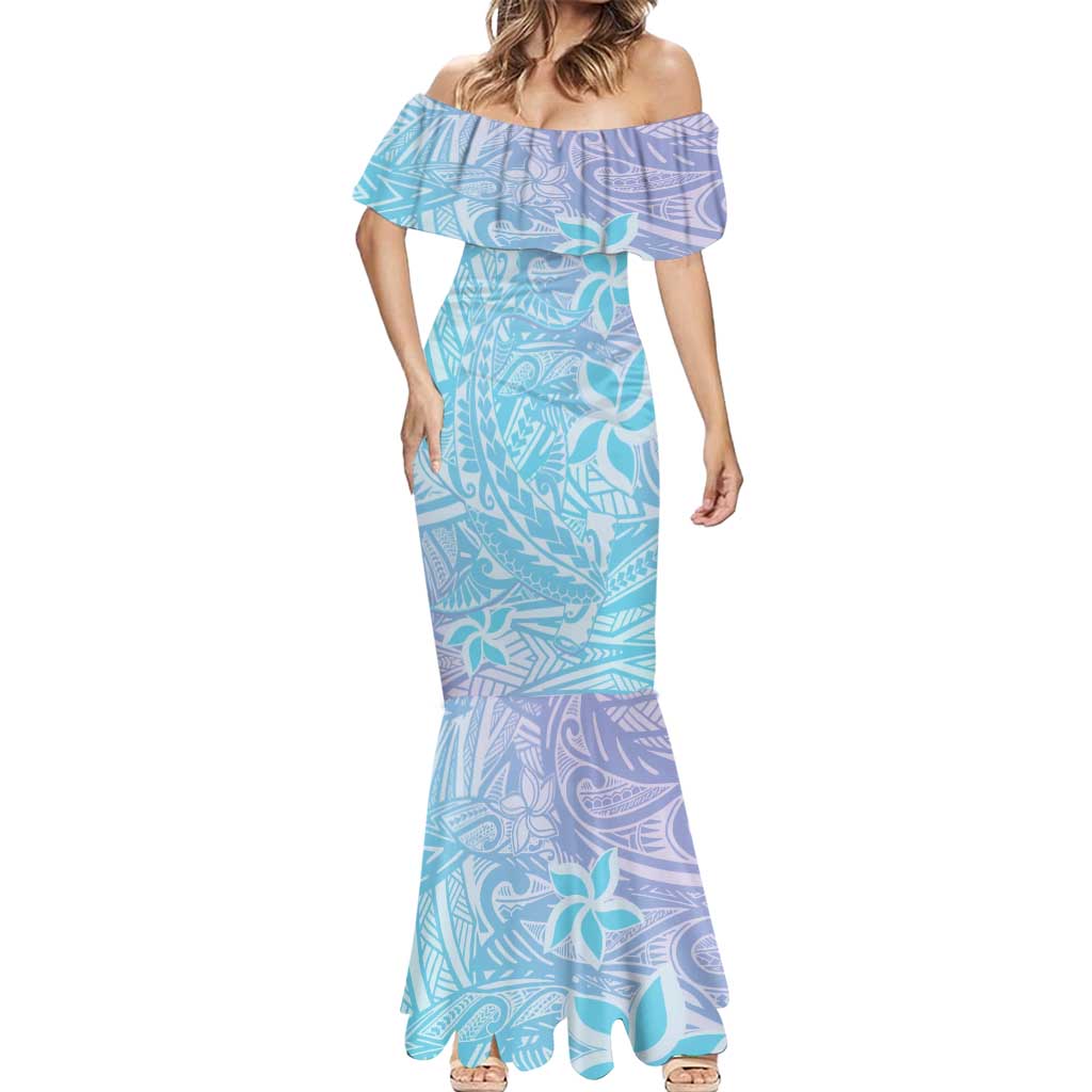 Baby Blue Gradient Polynesia Mermaid Dress Hawaiian Tribal Hammerhead Shark Tattoo