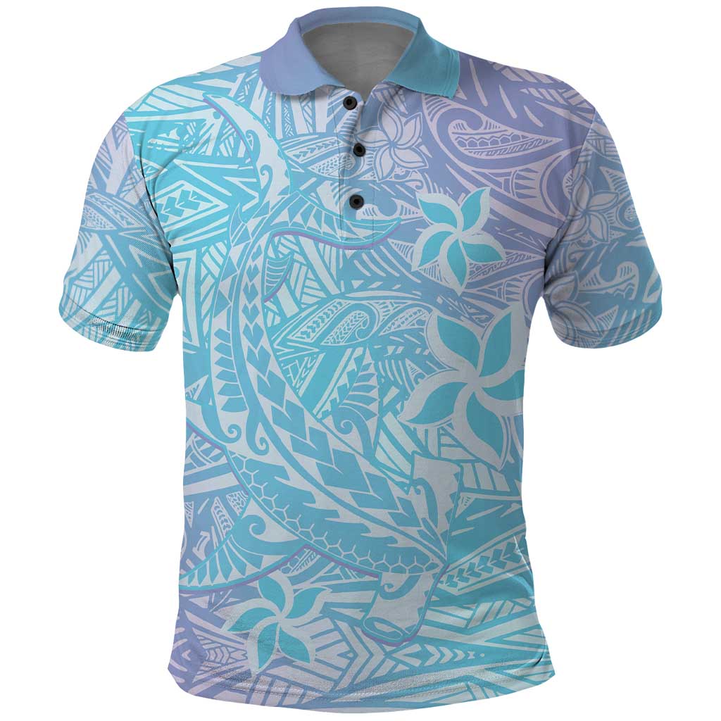 Baby Blue Gradient Polynesia Polo Shirt Hawaiian Tribal Hammerhead Shark Tattoo