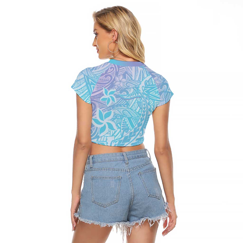 Baby Blue Gradient Polynesia Raglan Cropped T Shirt Hawaiian Tribal Hammerhead Shark Tattoo