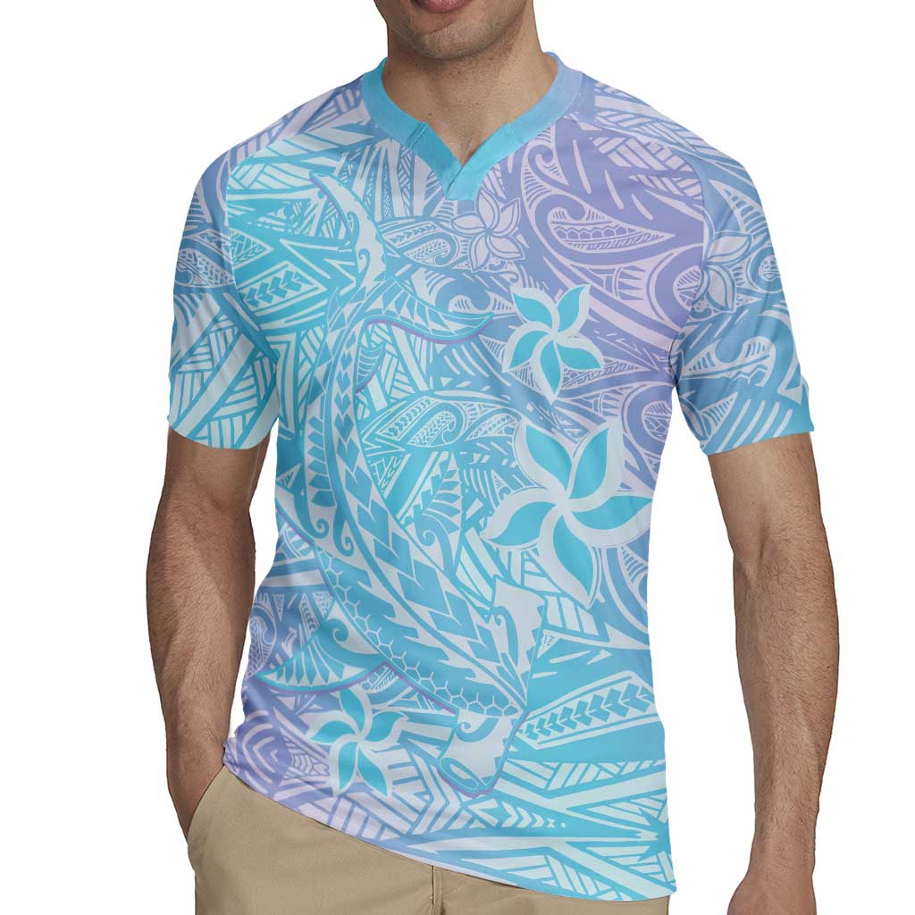 Baby Blue Gradient Polynesia Rugby Jersey Hawaiian Tribal Hammerhead Shark Tattoo