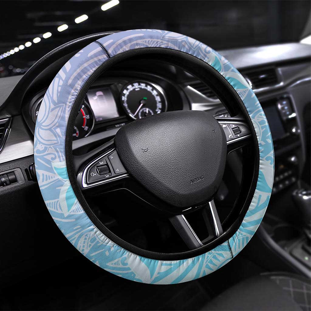 Baby Blue Gradient Polynesia Steering Wheel Cover Hawaiian Tribal Hammerhead Shark Tattoo