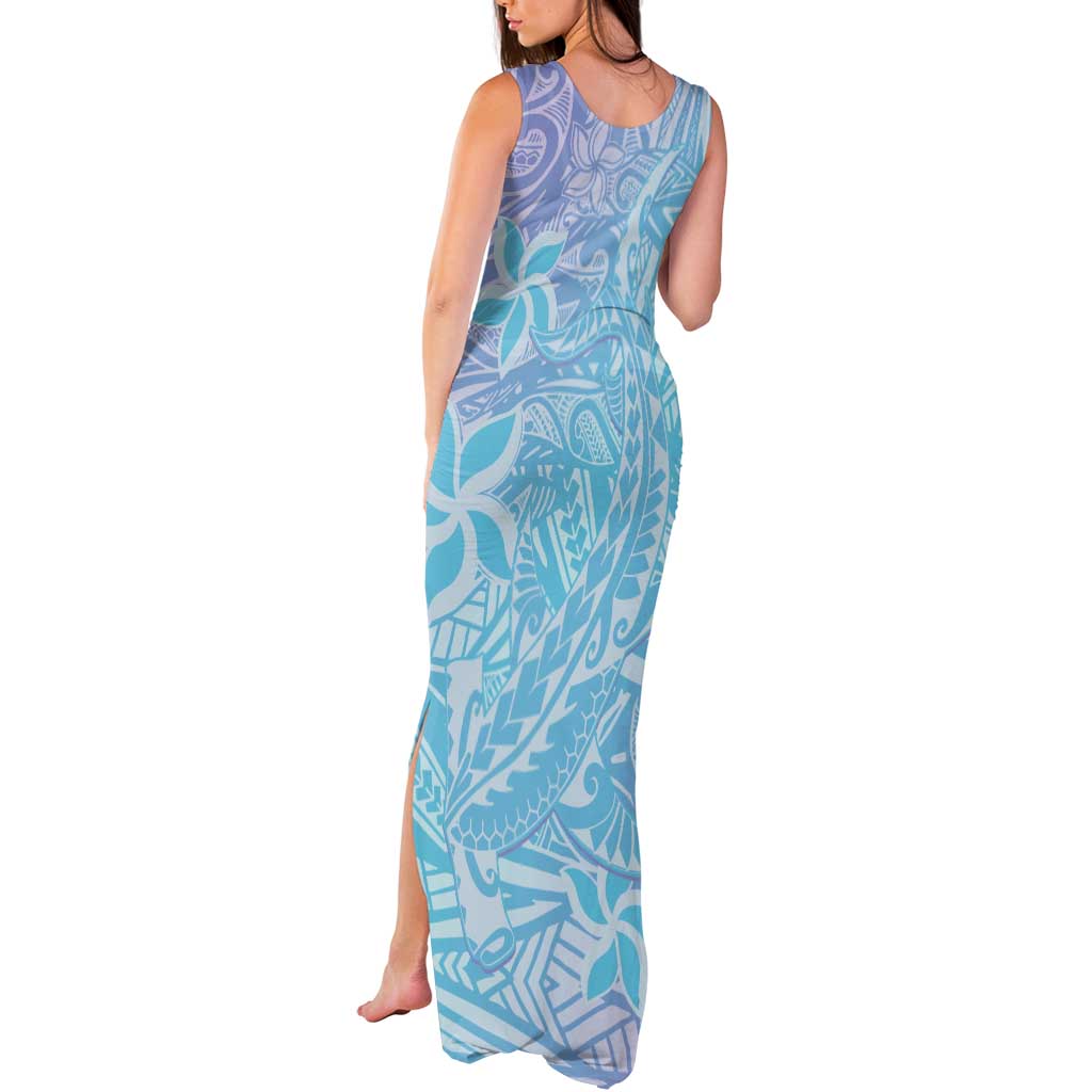 Baby Blue Gradient Polynesia Tank Maxi Dress Hawaiian Tribal Hammerhead Shark Tattoo