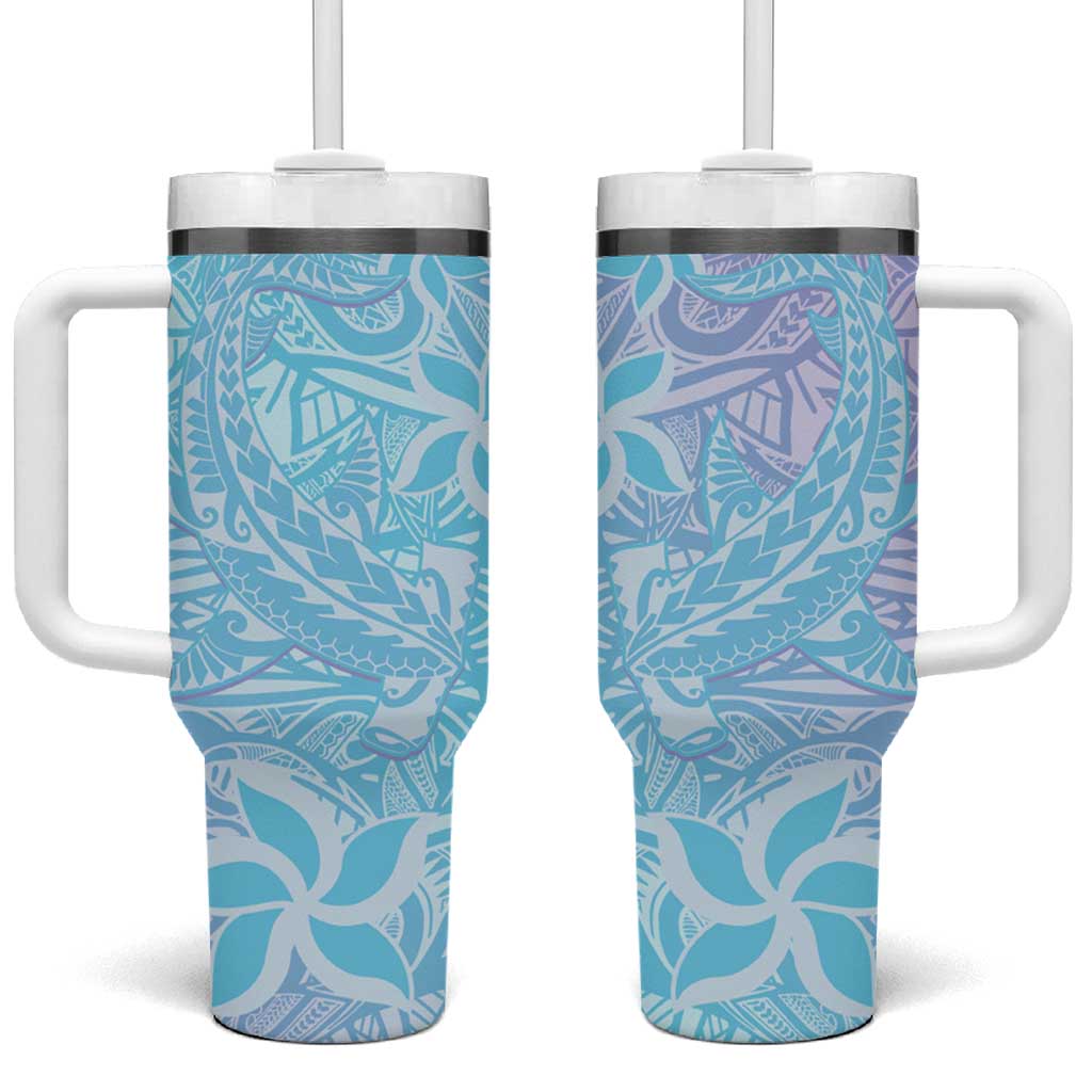 Baby Blue Gradient Polynesia Tumbler With Handle Hawaiian Tribal Hammerhead Shark Tattoo