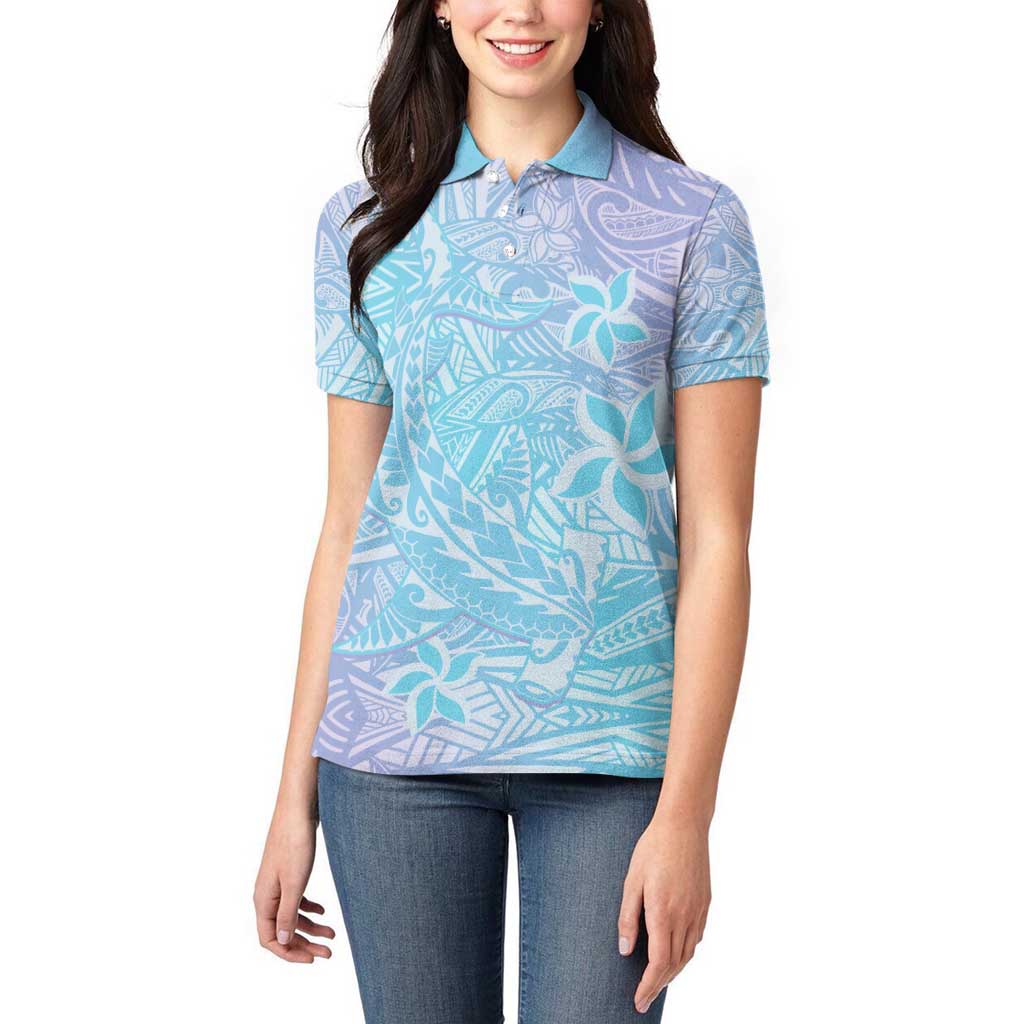 Baby Blue Gradient Polynesia Women Polo Shirt Hawaiian Tribal Hammerhead Shark Tattoo