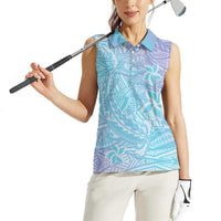 Baby Blue Gradient Polynesia Women Sleeveless Polo Shirt Hawaiian Tribal Hammerhead Shark Tattoo