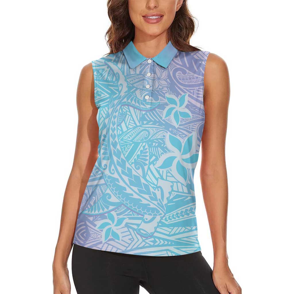 Baby Blue Gradient Polynesia Women Sleeveless Polo Shirt Hawaiian Tribal Hammerhead Shark Tattoo