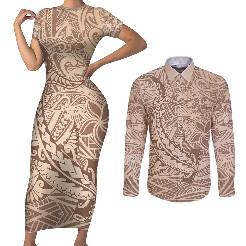 Pastel Brown Polynesia Couples Matching Short Sleeve Bodycon Dress and Long Sleeve Button Shirt Hawaiian Tribal Hammerhead Shark Tattoo LT14
