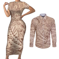 Pastel Brown Polynesia Couples Matching Short Sleeve Bodycon Dress and Long Sleeve Button Shirt Hawaiian Tribal Hammerhead Shark Tattoo LT14