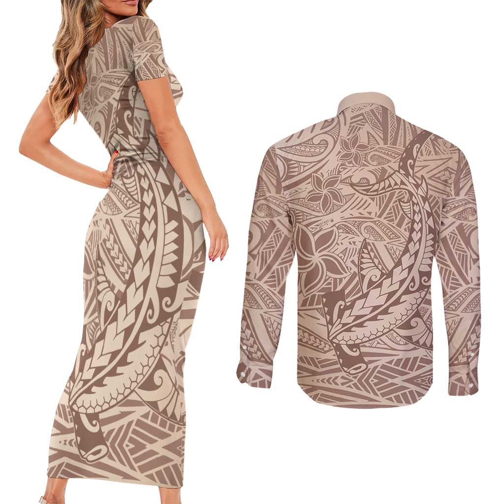Pastel Brown Polynesia Couples Matching Short Sleeve Bodycon Dress and Long Sleeve Button Shirt Hawaiian Tribal Hammerhead Shark Tattoo LT14