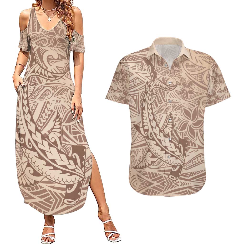 Pink Gradient Polynesia Couples Matching Summer Maxi Dress and Hawaiian Shirt Hawaiian Tribal Hammerhead Shark Tattoo