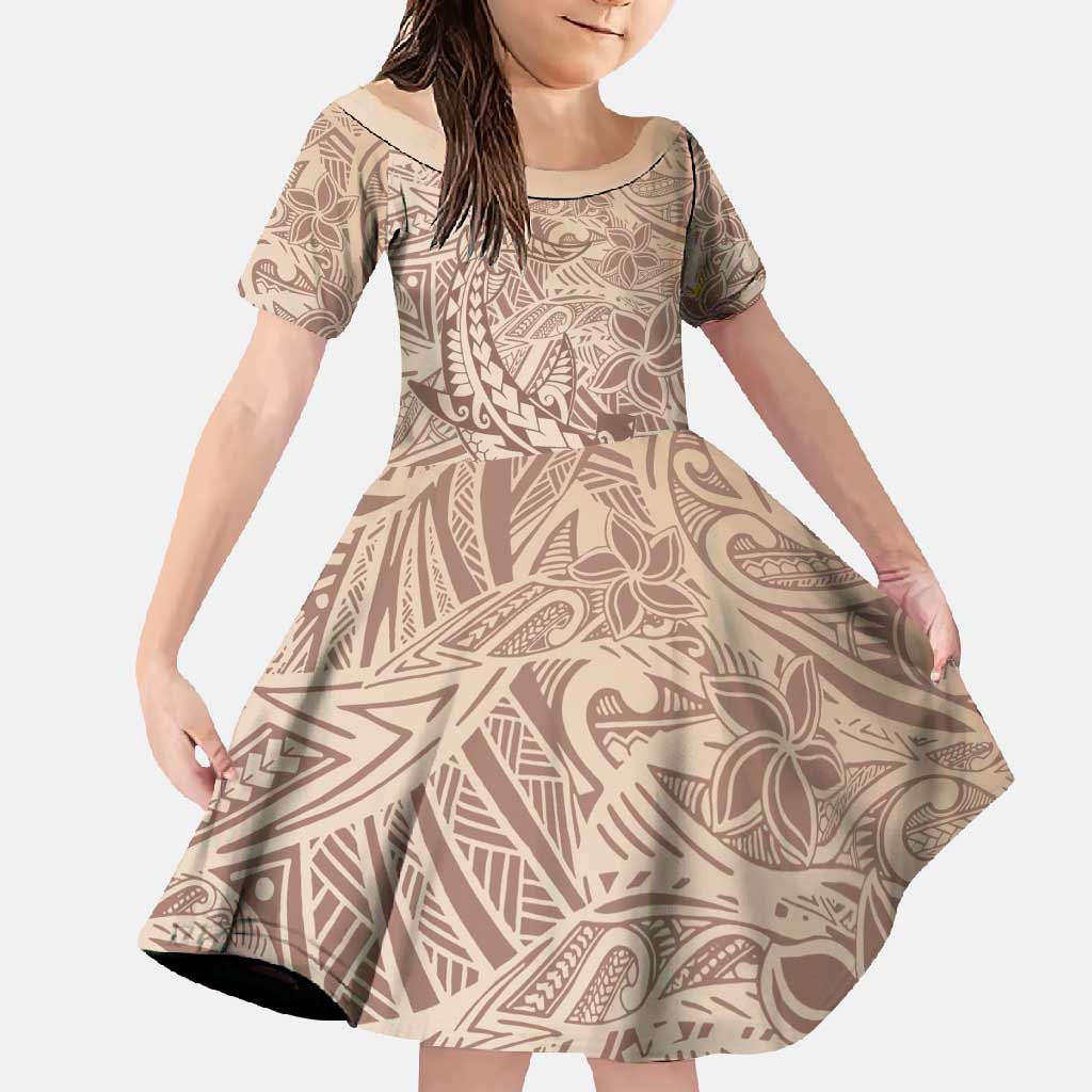 Pastel Brown Polynesia Family Matching Long Sleeve Bodycon Dress and Hawaiian Shirt Hawaiian Tribal Hammerhead Shark Tattoo LT14 Daughter's Dress Pastel Brown - Polynesian Pride