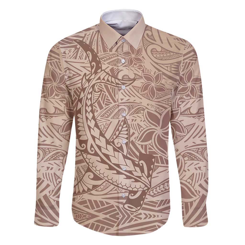 Pastel Brown Polynesia Family Matching Long Sleeve Bodycon Dress and Hawaiian Shirt Hawaiian Tribal Hammerhead Shark Tattoo LT14 Dad's Shirt - Long Sleeve Pastel Brown - Polynesian Pride