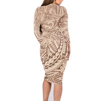 Pastel Brown Polynesia Family Matching Long Sleeve Bodycon Dress and Hawaiian Shirt Hawaiian Tribal Hammerhead Shark Tattoo LT14 - Polynesian Pride