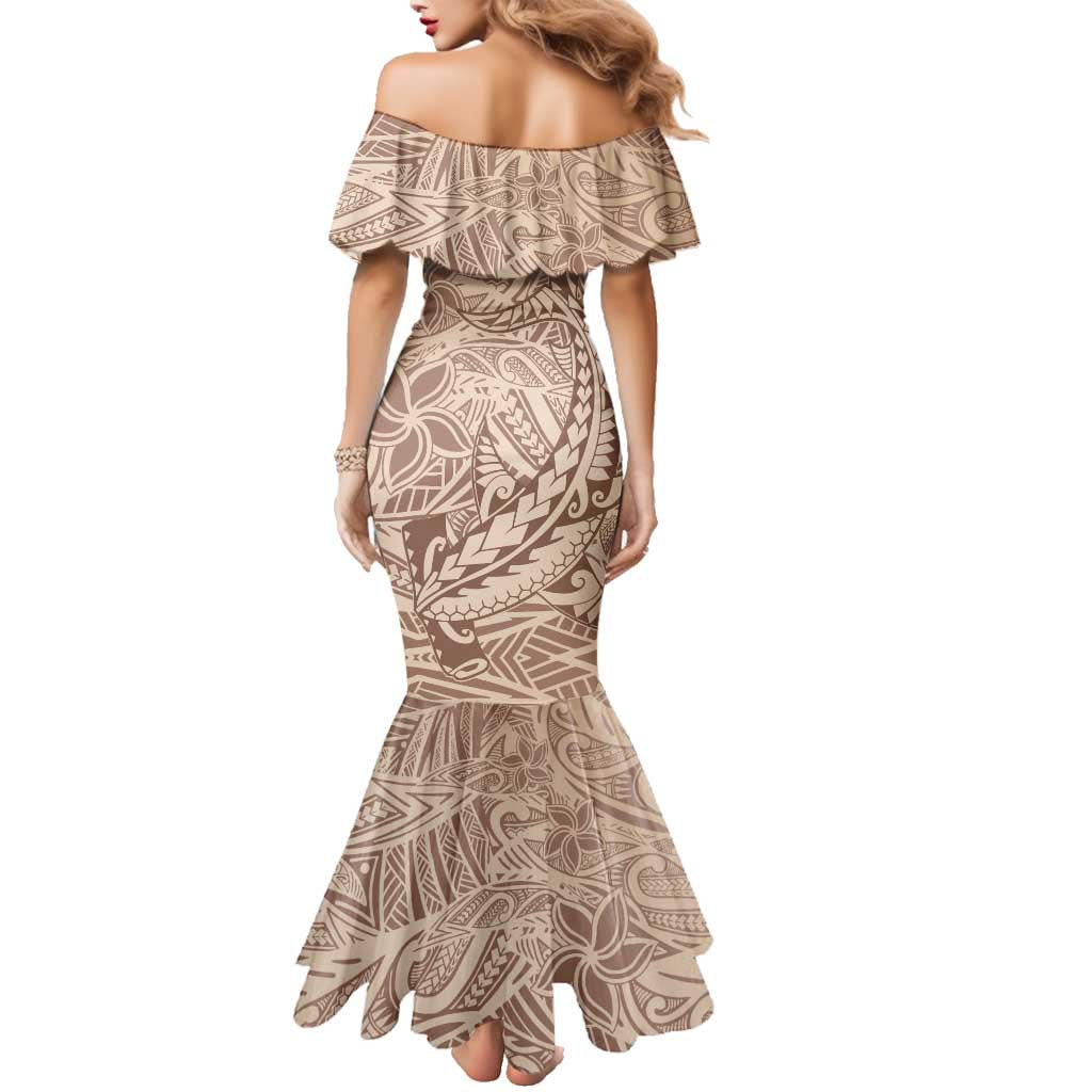 Pastel Brown Polynesia Family Matching Mermaid Dress and Hawaiian Shirt Hawaiian Tribal Hammerhead Shark Tattoo LT14 - Polynesian Pride