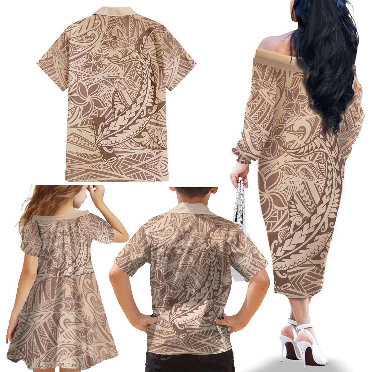 Pink Gradient Polynesia Family Matching Off The Shoulder Long Sleeve Dress and Hawaiian Shirt Hawaiian Tribal Hammerhead Shark Tattoo