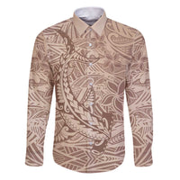 Pastel Brown Polynesia Family Matching Puletasi and Hawaiian Shirt Hawaiian Tribal Hammerhead Shark Tattoo LT14 Dad's Shirt - Long Sleeve Pastel Brown - Polynesian Pride