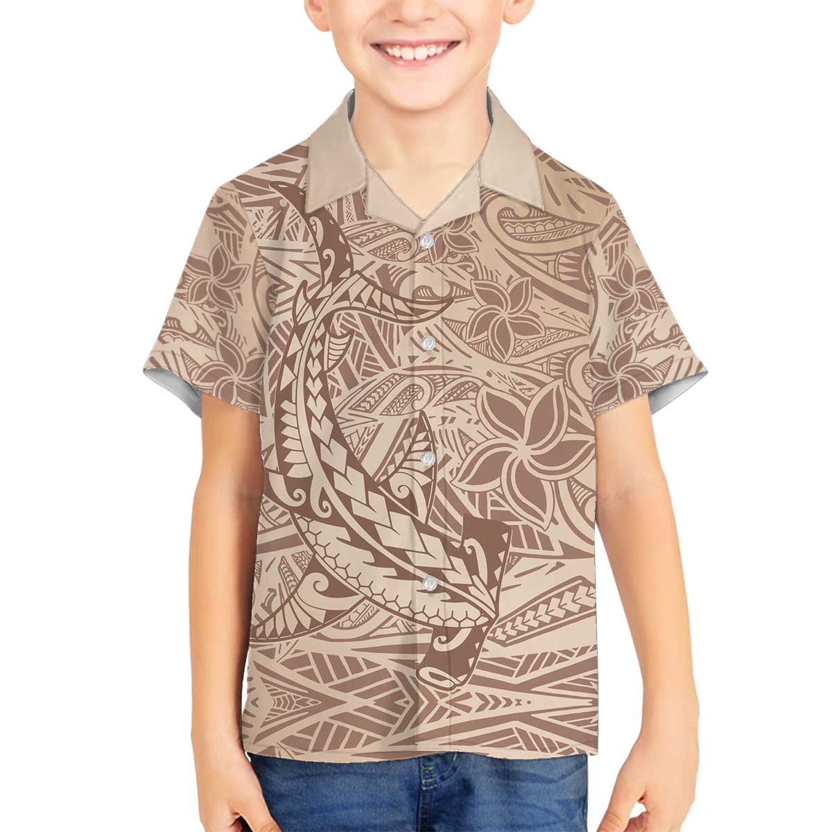 Pastel Brown Polynesia Family Matching Puletasi and Hawaiian Shirt Hawaiian Tribal Hammerhead Shark Tattoo LT14 Son's Shirt Pastel Brown - Polynesian Pride