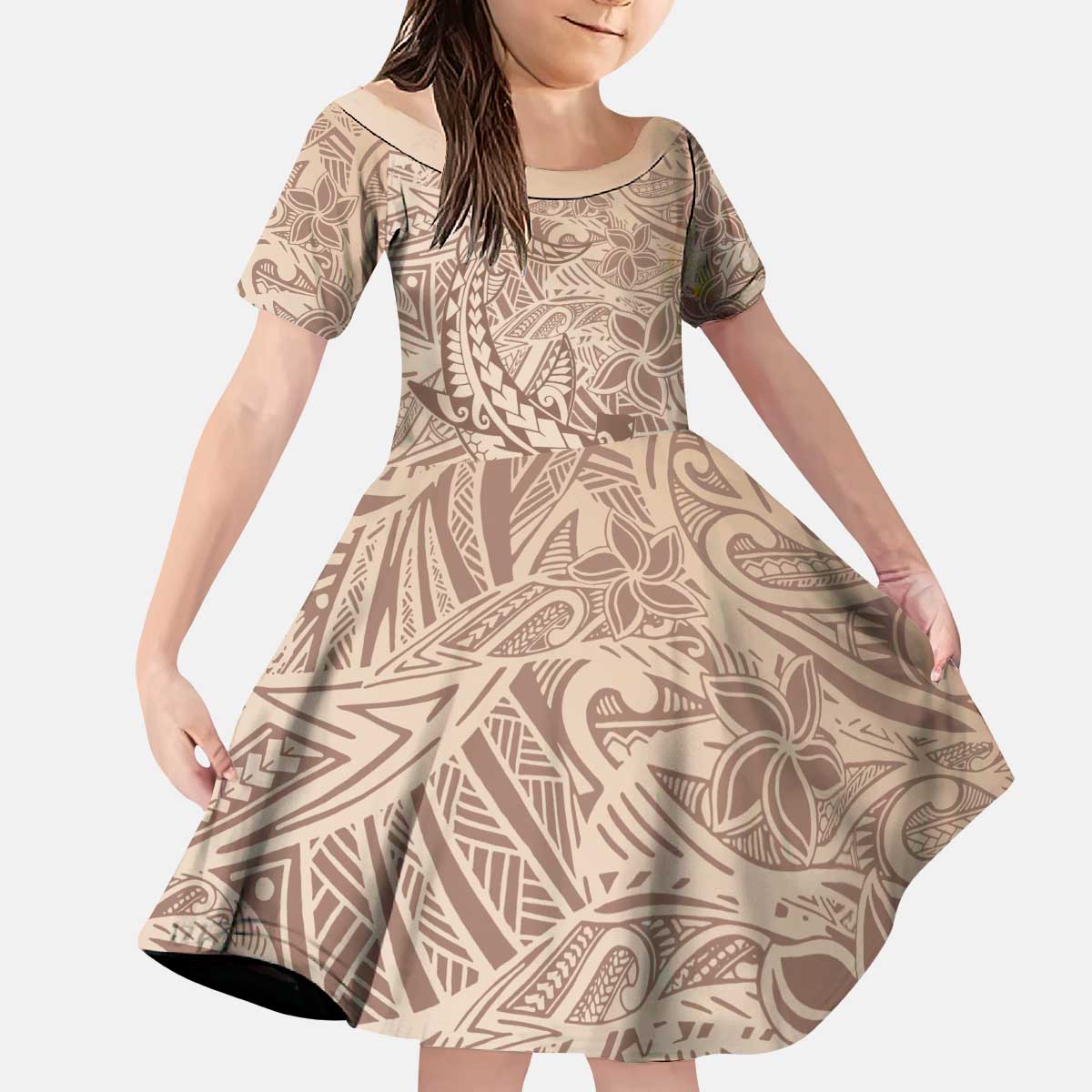 Pink Gradient Polynesia Kid Short Sleeve Dress Hawaiian Tribal Hammerhead Shark Tattoo