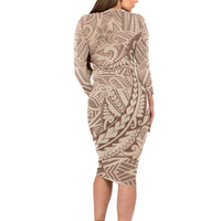 Pastel Brown Polynesia Long Sleeve Bodycon Dress Hawaiian Tribal Hammerhead Shark Tattoo LT14 - Polynesian Pride