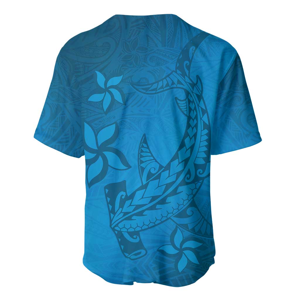 Blue Gradient Polynesia Baseball Jersey Hawaiian Tribal Hammerhead Shark Tattoo