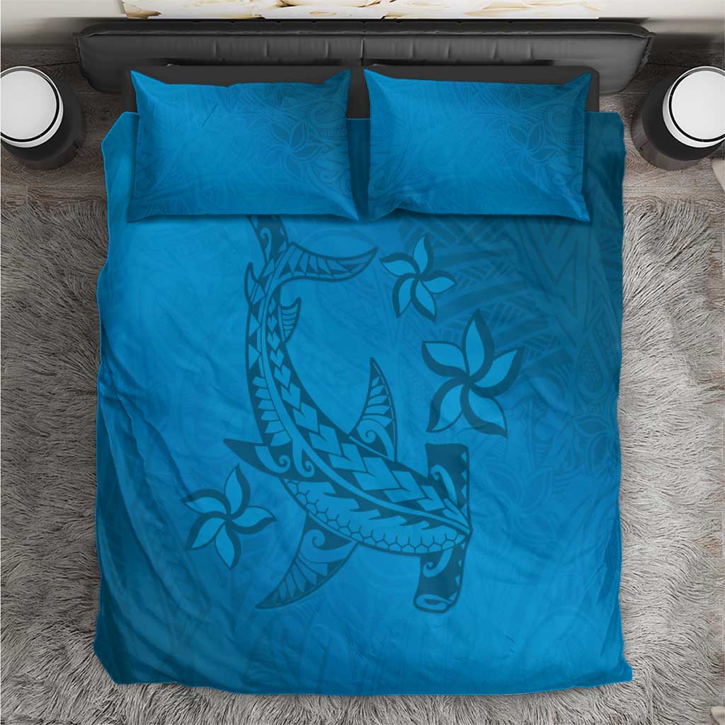 Blue Gradient Polynesia Bedding Set Hawaiian Tribal Hammerhead Shark Tattoo