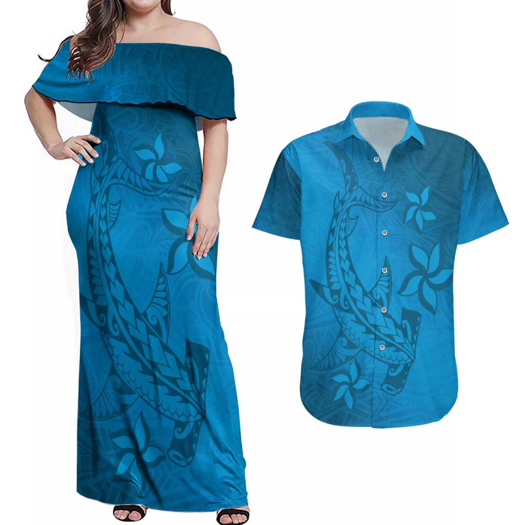 Blue Gradient Polynesia Couples Matching Off Shoulder Maxi Dress and Hawaiian Shirt Hawaiian Tribal Hammerhead Shark Tattoo