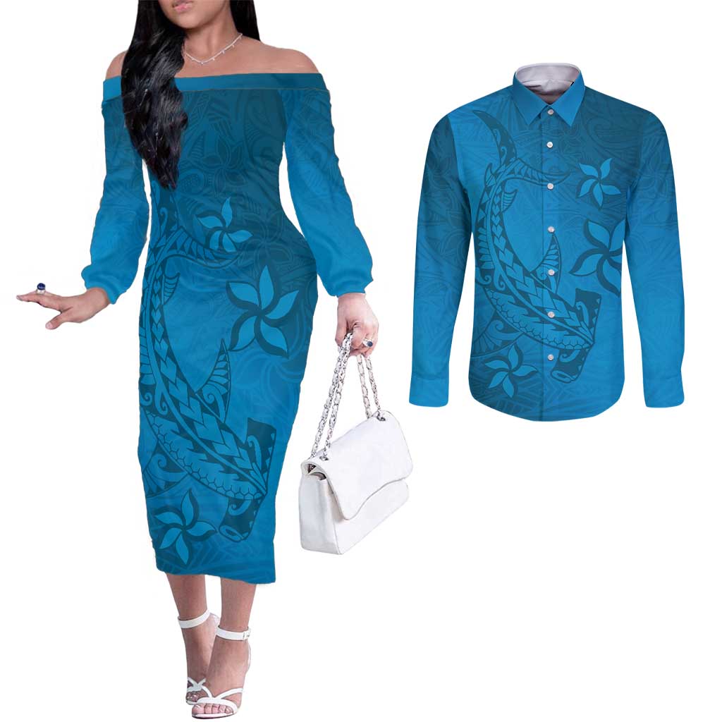 Blue Gradient Polynesia Couples Matching Off The Shoulder Long Sleeve Dress and Long Sleeve Button Shirt Hawaiian Tribal Hammerhead Shark Tattoo