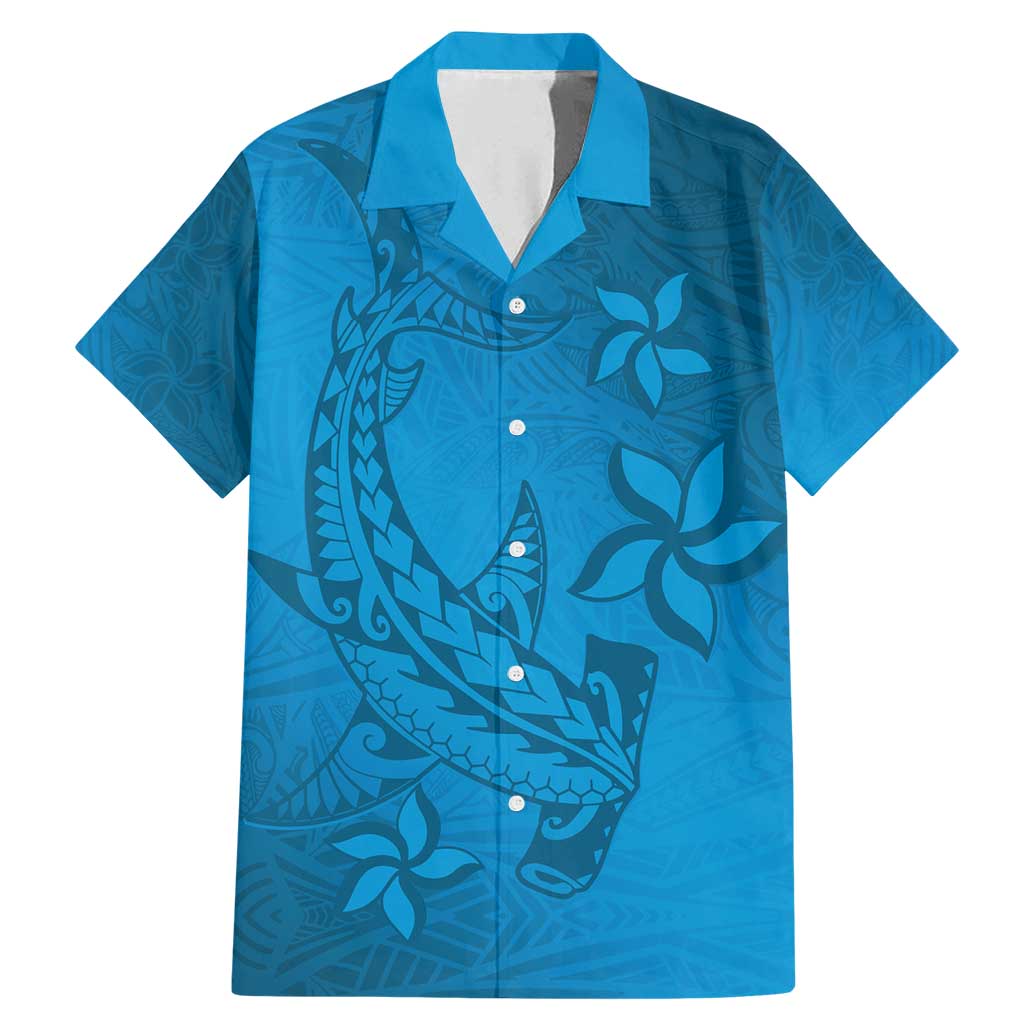 Blue Gradient Polynesia Family Matching Mermaid Dress and Hawaiian Shirt Hawaiian Tribal Hammerhead Shark Tattoo LT14 Dad's Shirt - Short Sleeve Blue - Polynesian Pride