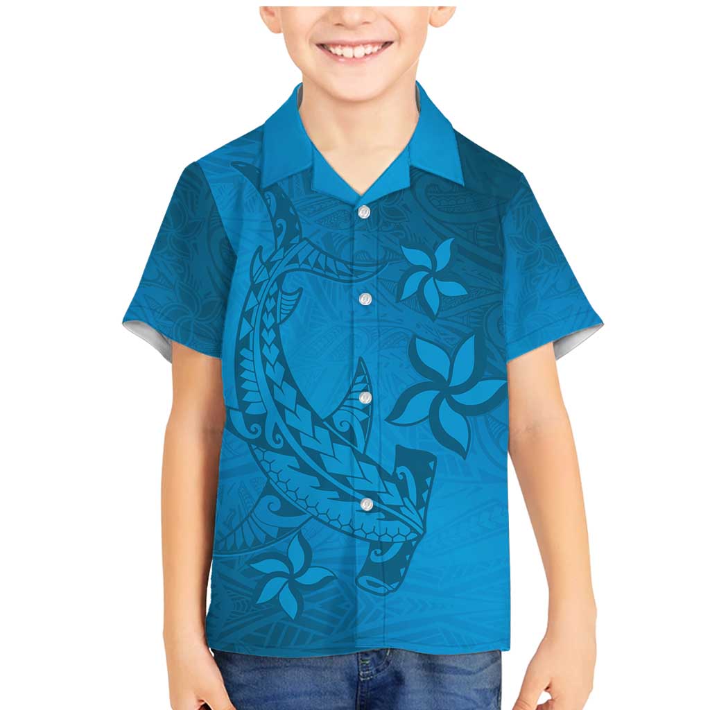 Blue Gradient Polynesia Family Matching Mermaid Dress and Hawaiian Shirt Hawaiian Tribal Hammerhead Shark Tattoo LT14 Son's Shirt Blue - Polynesian Pride