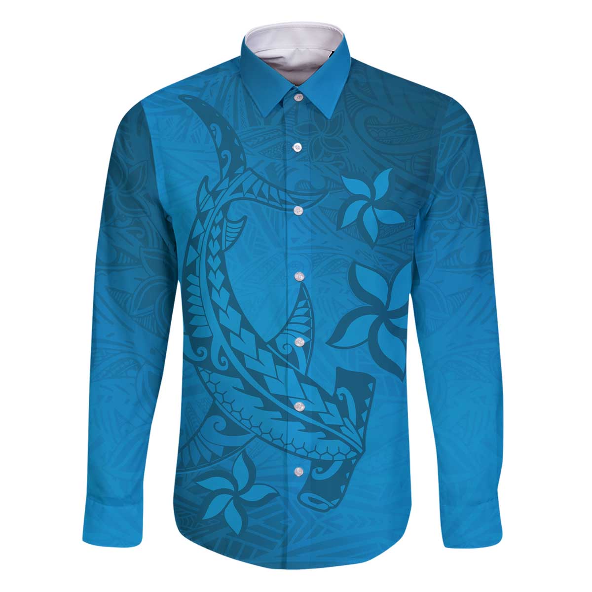 Blue Gradient Polynesia Family Matching Puletasi and Hawaiian Shirt Hawaiian Tribal Hammerhead Shark Tattoo