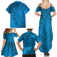 Blue Gradient Polynesia Family Matching Summer Maxi Dress and Hawaiian Shirt Hawaiian Tribal Hammerhead Shark Tattoo
