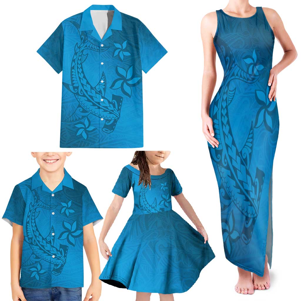 Blue Gradient Polynesia Family Matching Tank Maxi Dress and Hawaiian Shirt Hawaiian Tribal Hammerhead Shark Tattoo