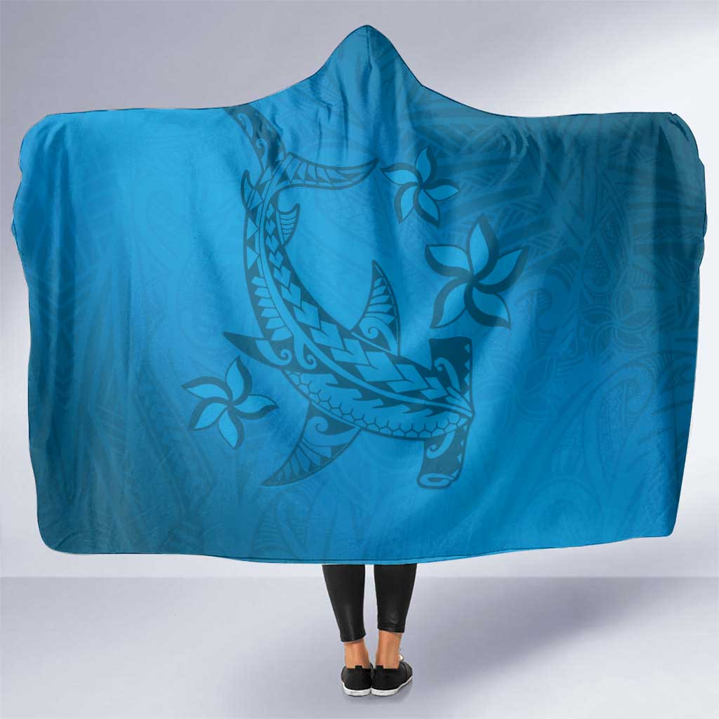 Blue Gradient Polynesia Hooded Blanket Hawaiian Tribal Hammerhead Shark Tattoo