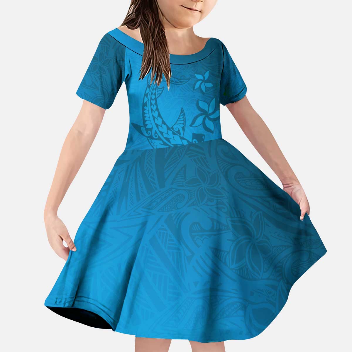 Blue Gradient Polynesia Kid Short Sleeve Dress Hawaiian Tribal Hammerhead Shark Tattoo