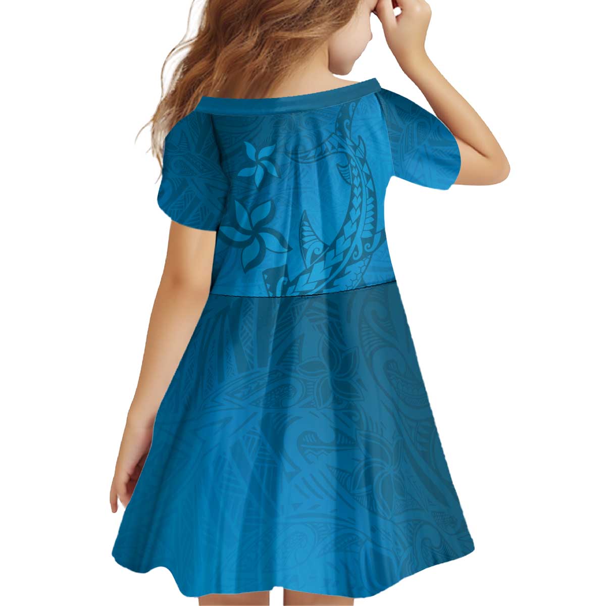 Blue Gradient Polynesia Kid Short Sleeve Dress Hawaiian Tribal Hammerhead Shark Tattoo