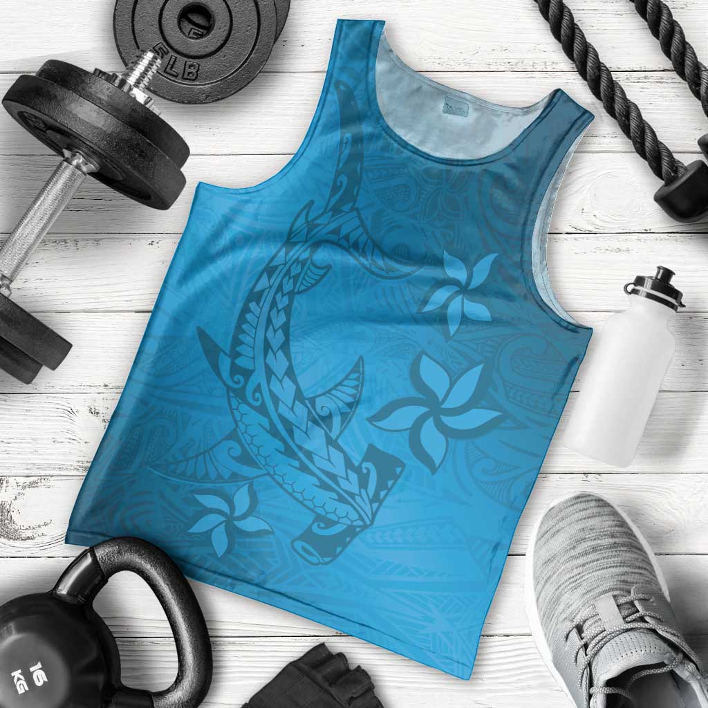 Blue Gradient Polynesia Men Tank Top Hawaiian Tribal Hammerhead Shark Tattoo