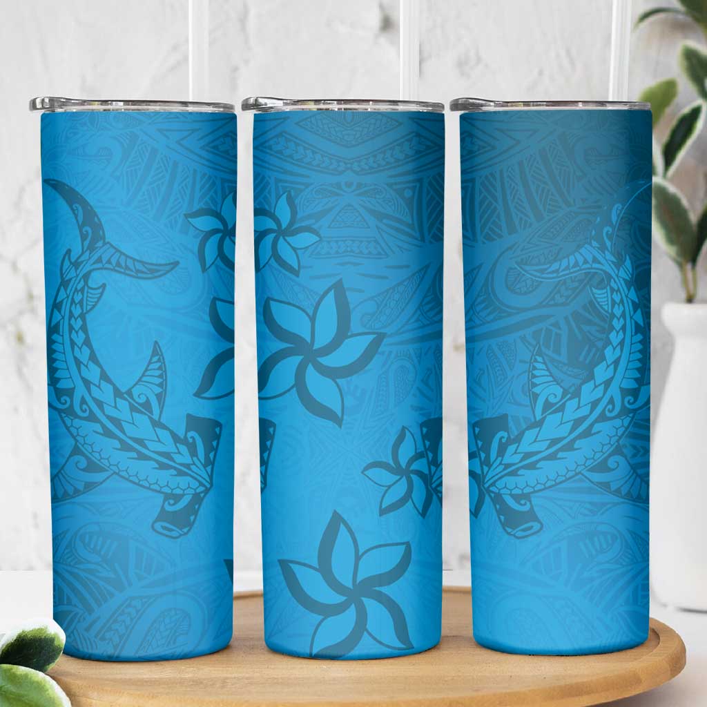 Blue Gradient Polynesia Skinny Tumbler Hawaiian Tribal Hammerhead Shark Tattoo