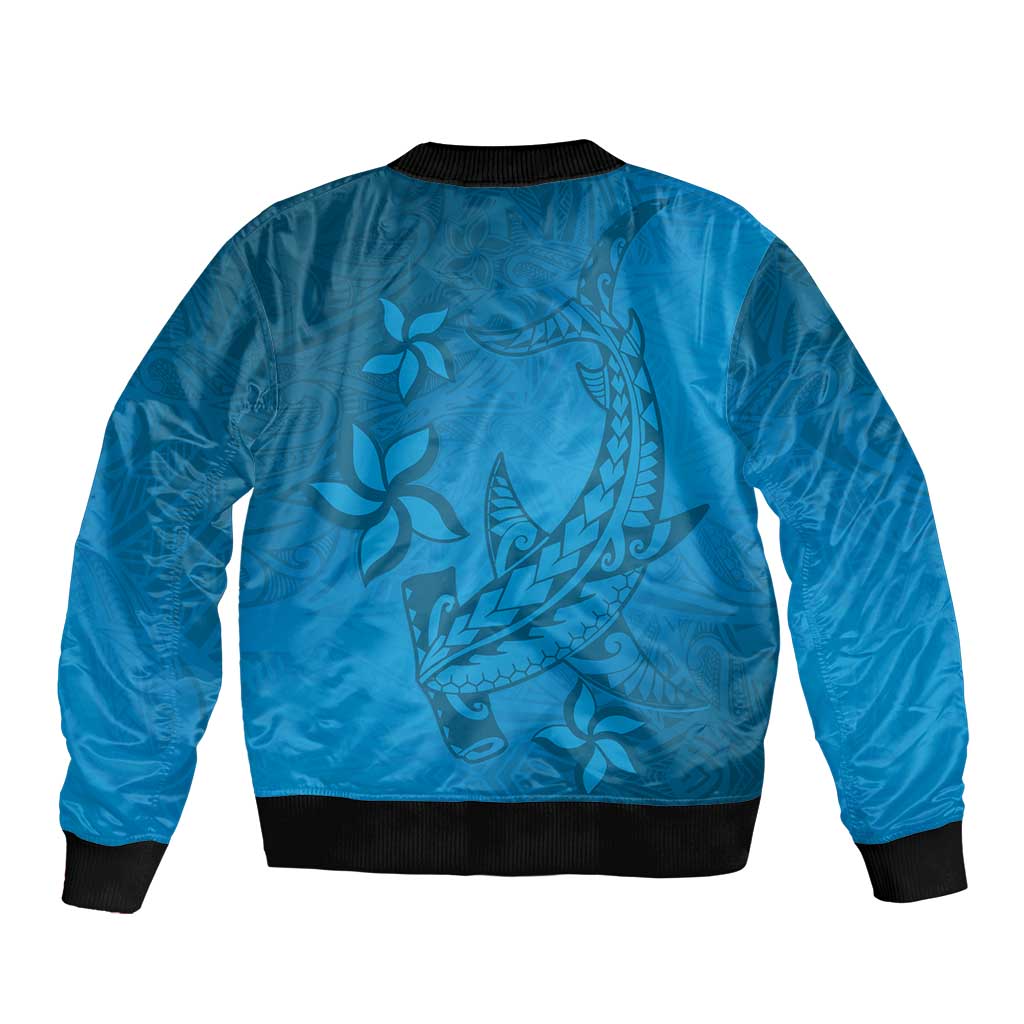 Blue Gradient Polynesia Sleeve Zip Bomber Jacket Hawaiian Tribal Hammerhead Shark Tattoo