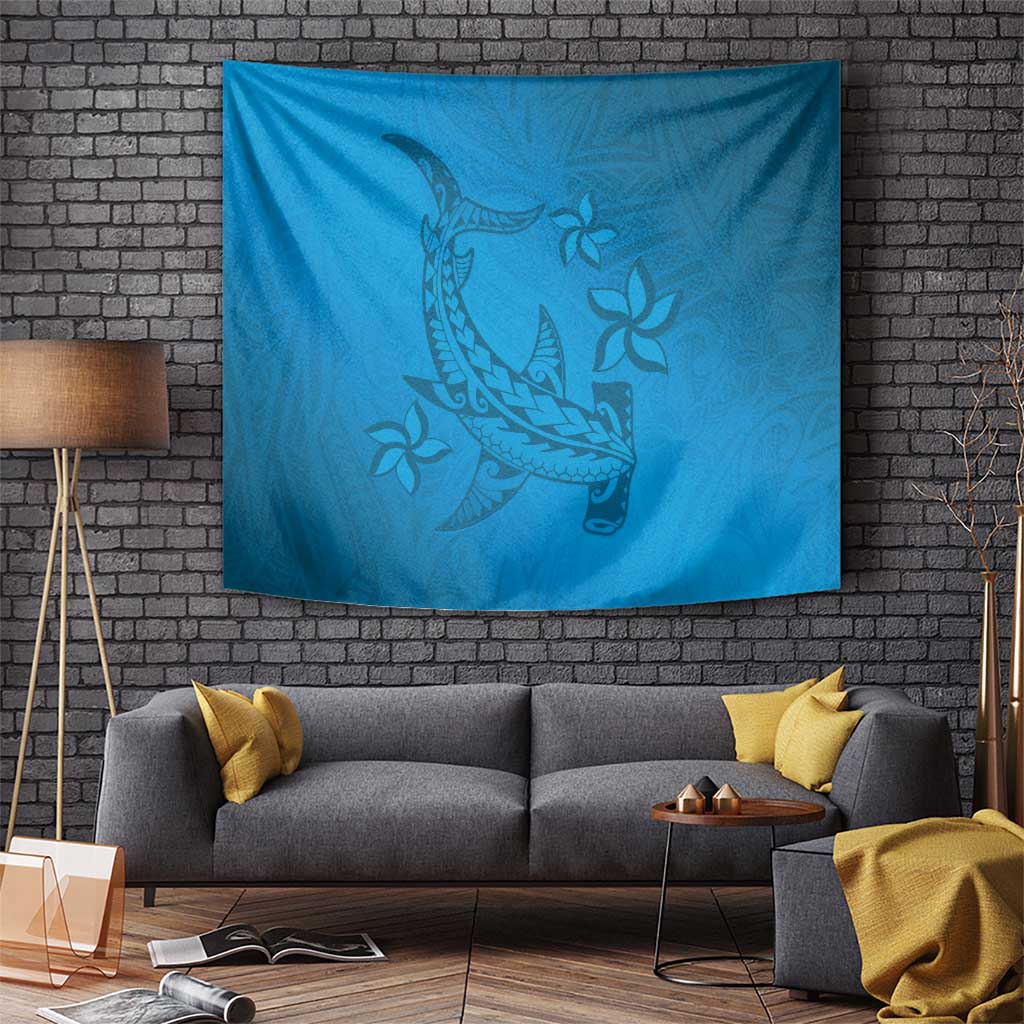 Blue Gradient Polynesia Tapestry Hawaiian Tribal Hammerhead Shark Tattoo