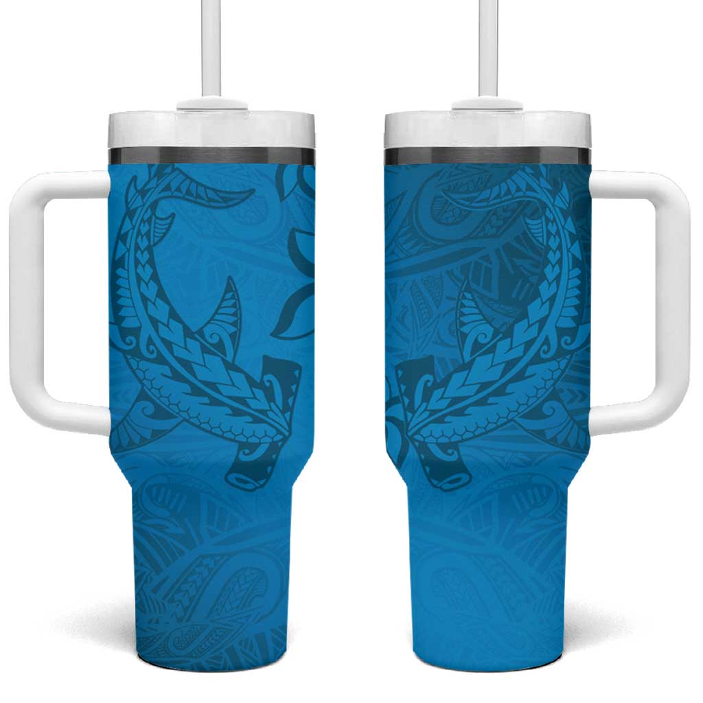 Blue Gradient Polynesia Tumbler With Handle Hawaiian Tribal Hammerhead Shark Tattoo