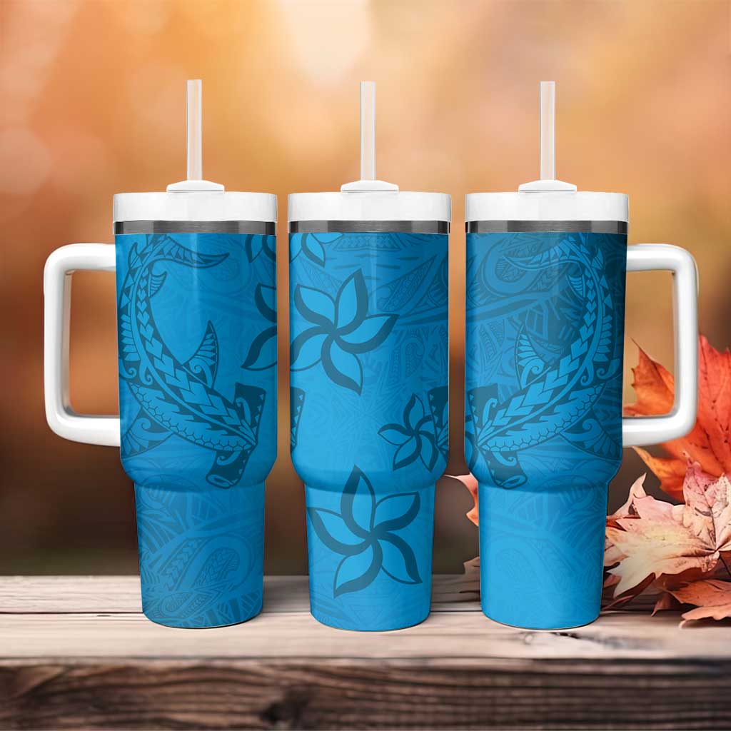 Blue Gradient Polynesia Tumbler With Handle Hawaiian Tribal Hammerhead Shark Tattoo