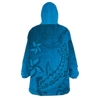 Blue Gradient Polynesia Wearable Blanket Hoodie Hawaiian Tribal Hammerhead Shark Tattoo