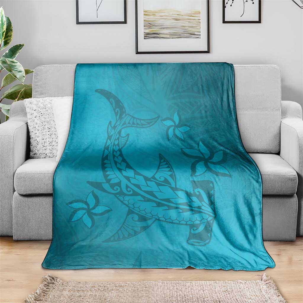 Dark Cyan Gradient Polynesia Blanket Hawaiian Tribal Hammerhead Shark Tattoo
