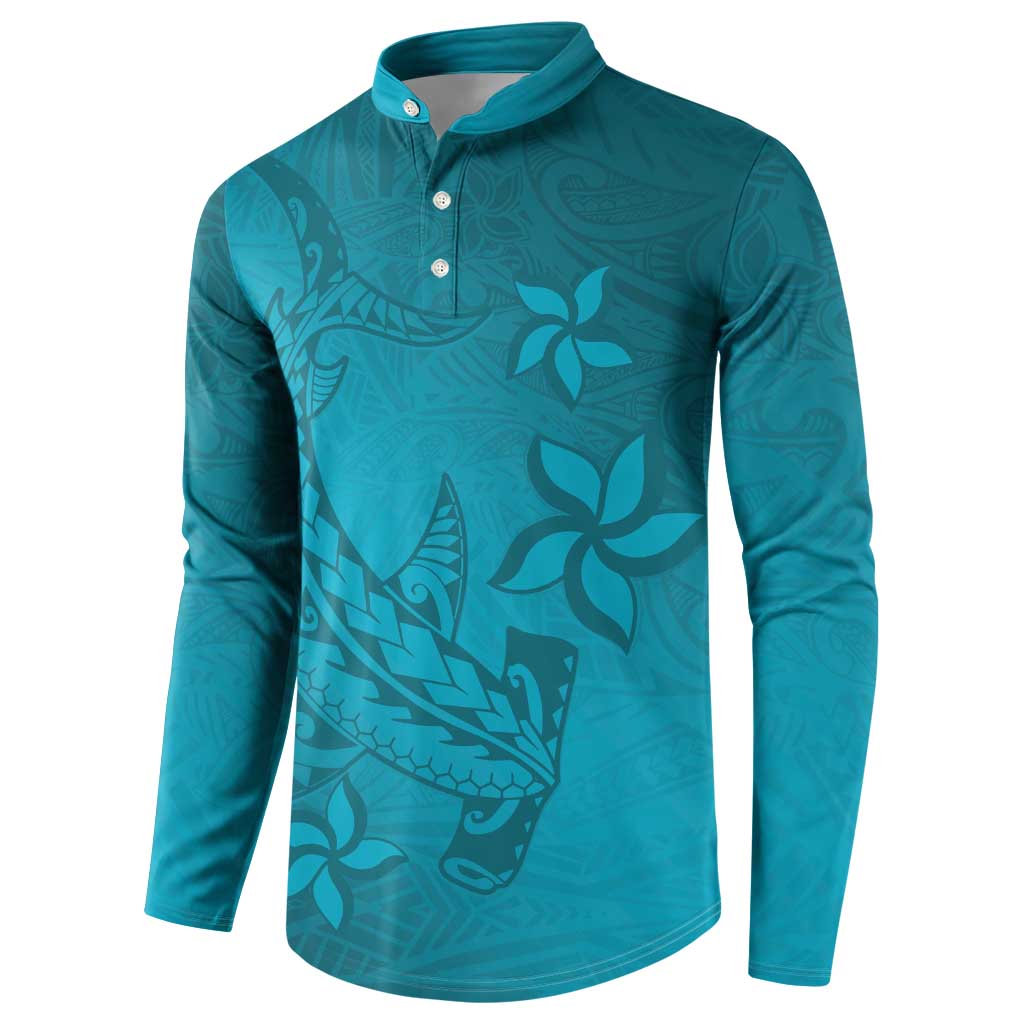 Dark Cyan Gradient Polynesia Button Sweatshirt Hawaiian Tribal Hammerhead Shark Tattoo
