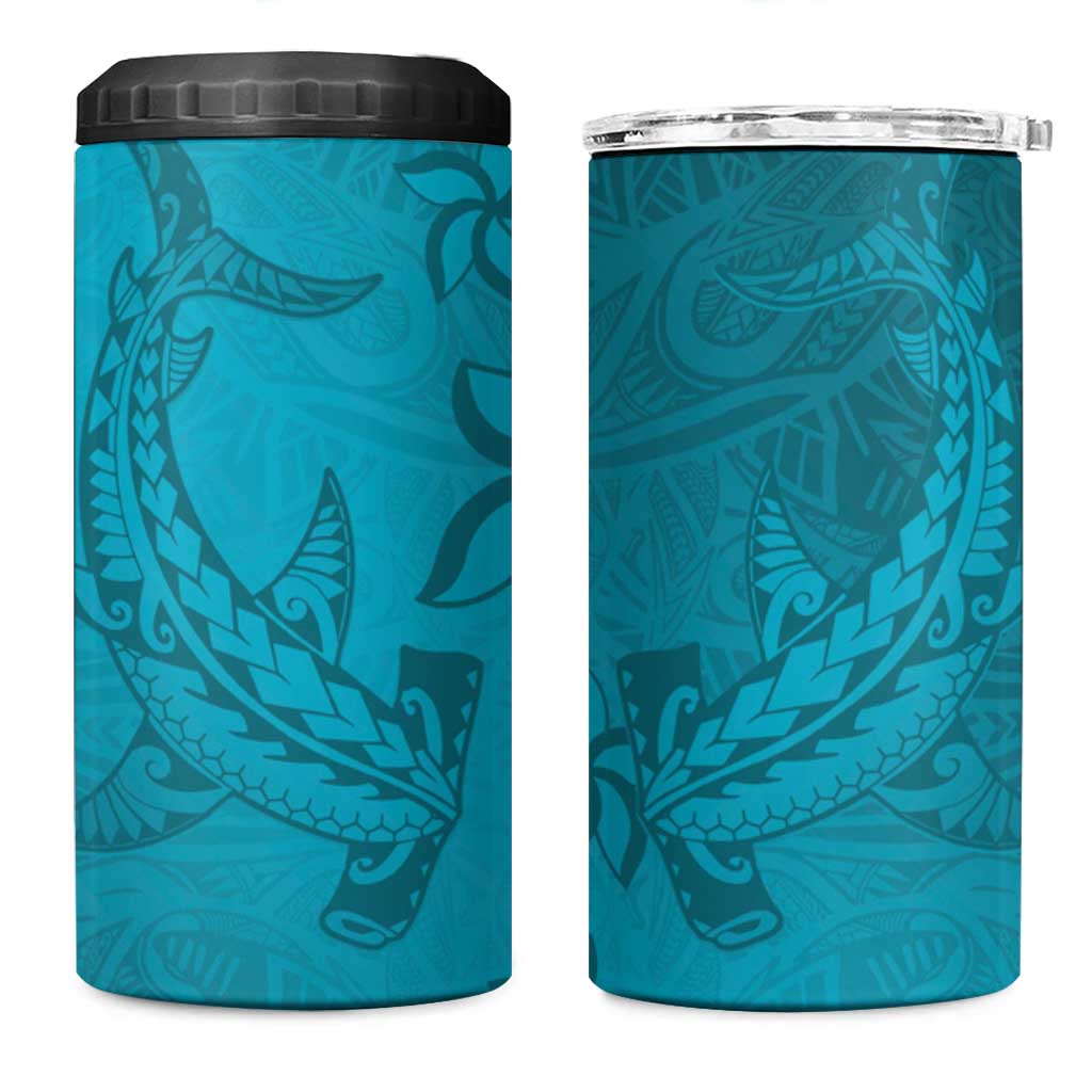 Dark Cyan Gradient Polynesia 4 in 1 Can Cooler Tumbler Hawaiian Tribal Hammerhead Shark Tattoo