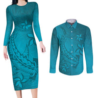 Dark Cyan Gradient Polynesia Couples Matching Long Sleeve Bodycon Dress and Long Sleeve Button Shirt Hawaiian Tribal Hammerhead Shark Tattoo