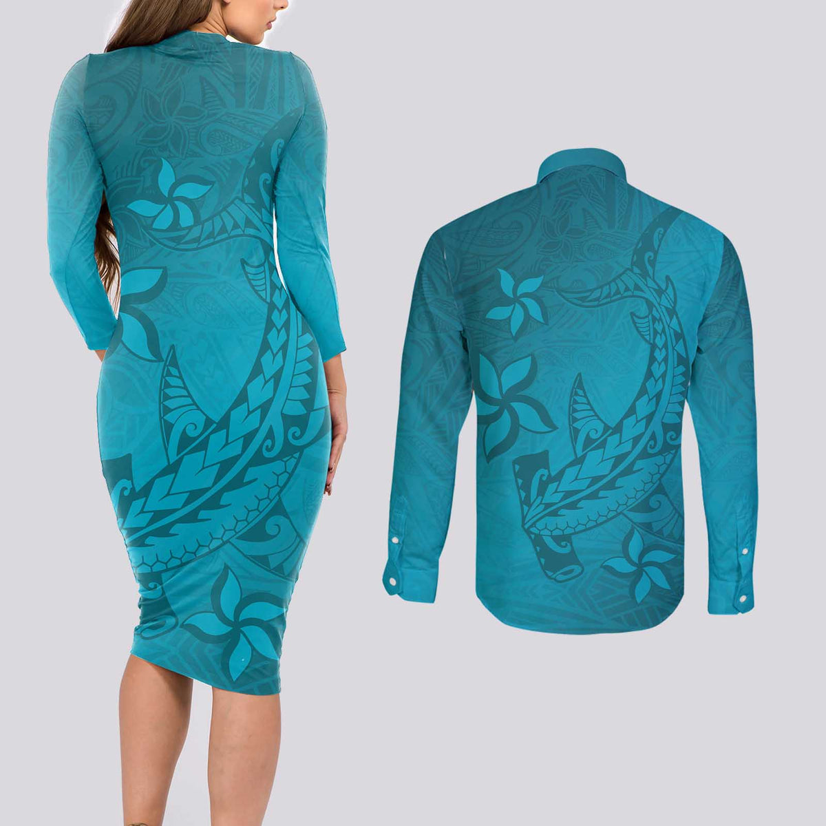 Dark Cyan Gradient Polynesia Couples Matching Long Sleeve Bodycon Dress and Long Sleeve Button Shirt Hawaiian Tribal Hammerhead Shark Tattoo