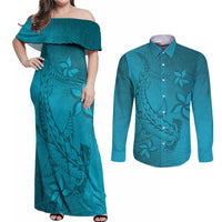 Dark Cyan Gradient Polynesia Couples Matching Off Shoulder Maxi Dress and Long Sleeve Button Shirt Hawaiian Tribal Hammerhead Shark Tattoo